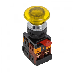 Кнопка AELA-22 желтая с подсветкой NO+NC 380В Грибок EKF PROxima pbn-aela-1o-380