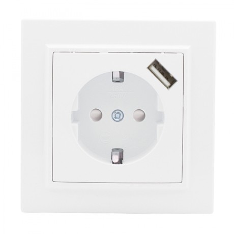 Розетка 1-местная СП с/з Минск 16А белая с защ. штор. с USB 1А EKF ERR16-028-100-USB