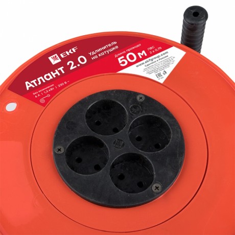 Удлинитель на катушке Атлант 2.0 4 гнезда 50м без заземления ПВС 2*0,75 6А/1,3кВт PROxima UKA02-06-275-4-50