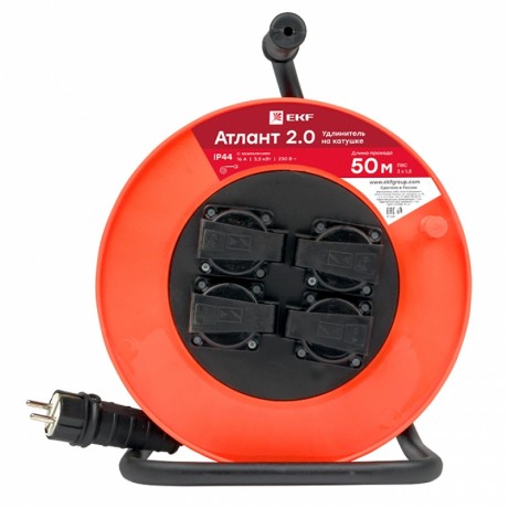 Удлинитель на катушке Атлант 2.0 4 гнезда 50м с заземлением ПВС 3*1,5 16А/3,5кВт IP44 PROxima EKF UKA02-16-315-4-50-IP44