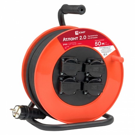 Удлинитель на катушке Атлант 2.0 4 гнезда 50м с заземлением КГ 3*1,5 16А/3,5кВт IP44 PROxima EKF UKA02-16-315R-4-50-IP44