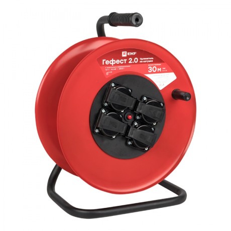 Удлинитель на катушке Гефест 2.0 4 гнезда 30м с заземлением и предохранителем ПВС 3*1,5 16А/3,5кВт IP44 PROxima UKA02-16-R315-4-30-IP44