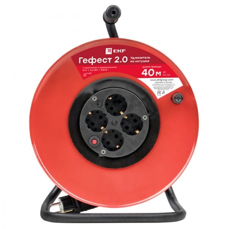 Удлинитель на катушке Гефест 2.0 4 гнезда 40м с заземлением и предохранителем КГ 3*1,5 16А/3,5кВт PROxima UKG02-16-R315-4-40