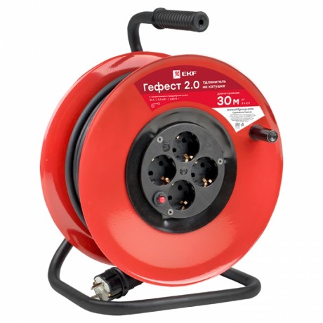 Удлинитель на катушке Гефест 2.0 4 гнезда 30м с заземлением и предохранителем КГ 3*2,5 16А/3,5кВт PROxima UKG02-16-R325-4-30
