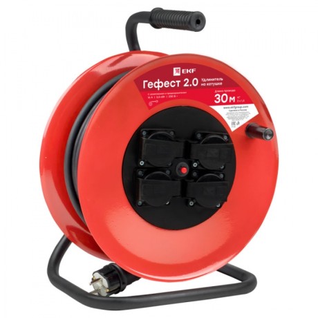 Удлинитель на катушке Гефест 2.0 4 гнезда 30м с заземлением и предохранителем КГ 3*2,5 16А/3,5кВт IP44 PROxima UKG02-16-R325-4-30-IP44