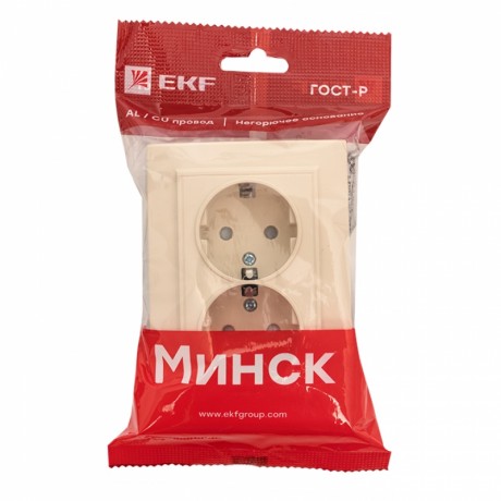 Розетка 2-мест. СП с/з 16А бежевый с защ. штор. Минск EKF ERR16-128-200