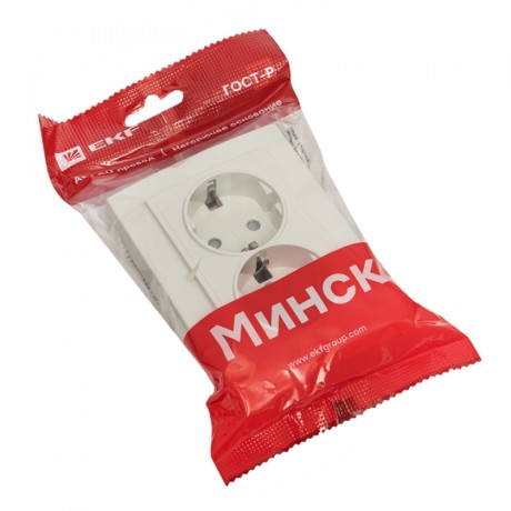 Минск Розетка 2-местная СП с заземлением 16А белая с защ. штор. EKF Basic ERR16-128-100