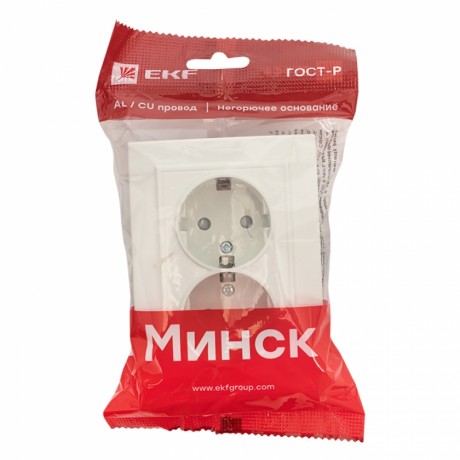Минск Розетка 2-местная СП с заземлением 16А белая с защ. штор. EKF Basic ERR16-128-100