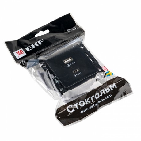 Стокгольм Механизм Розетки с 2USB type-A + type-C черный EKF PROxima EZR-2USB-type-C