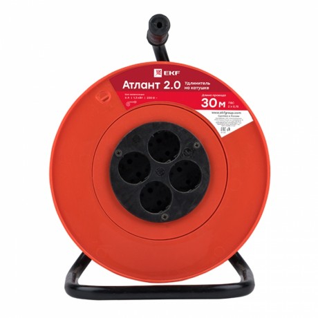 Удлинитель на катушке Атлант 2.0 4 гнезда 30м без заземления ПВС 2*0,75 6А/1,3кВт PROxima UKA02-06-275-4-30