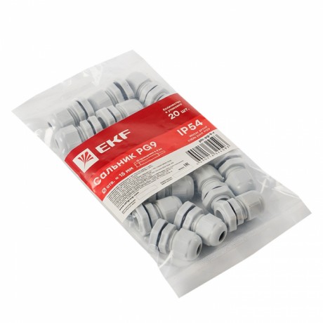 Сальник PG9 IP54 (20 шт) d отв. 16 мм / d провод. 4-8 мм EKF PROxima plc-pg-9-r