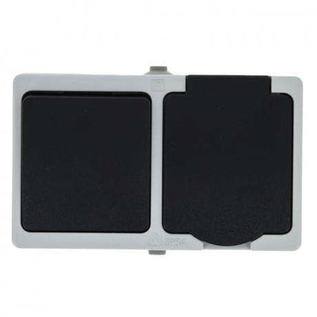 Блок розетка-выкл. 1-кл. 16А с/з с крышкой IP54 сер. с защ. штор. Венеция EKF PROxima EVRV16-050-30-540