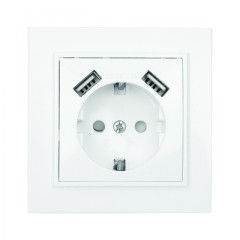 Минск Розетка 1-местная СП с/з 16А белая с защ. штор. с 2 USB 2,1А EKF ERR16-028-100-2USB