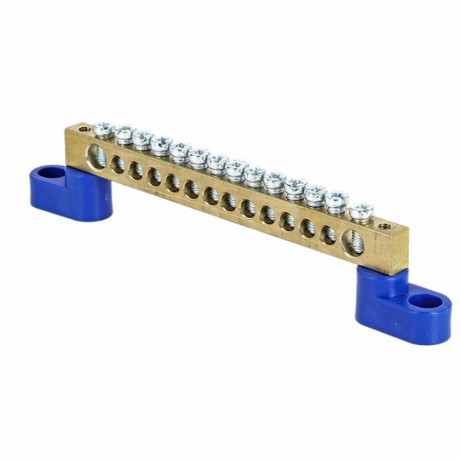 Шина 0 N (6х9мм) 14 отверстий латунь 2 синих угловых изолятора EKF PROxima sn0-63-14-2