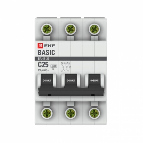Автоматический выключатель 3P 25А (C) 4,5кА ВА 47-29 EKF Basic mcb4729-3-25C