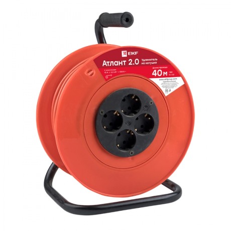 Удлинитель на катушке Атлант 2.0 4 гнезда 40м с заземлением ПВС 3*1,0 10А/2,2кВт PROxima UKA02-10-310-4-40