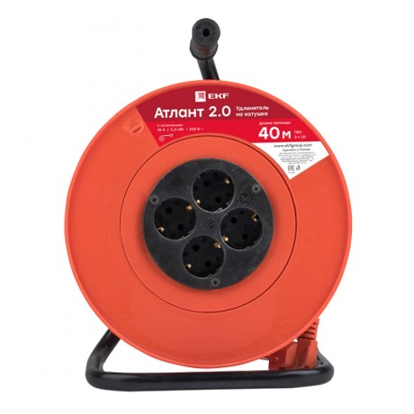 Удлинитель на катушке Атлант 2.0 4 гнезда 40м с заземлением ПВС 3*1,0 10А/2,2кВт PROxima UKA02-10-310-4-40