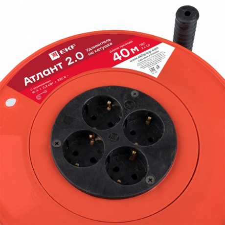 Удлинитель на катушке Атлант 2.0 4 гнезда 40м с заземлением ПВС 3*1,0 10А/2,2кВт PROxima UKA02-10-310-4-40