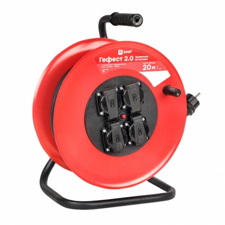 Удлинитель на катушке Гефест 2.0 4 гнезда 20м с заземлением и предохранителем КГ 3*2,5 16А/3,5кВт IP44 PROxima UKG02-16-R325-4-20-IP44