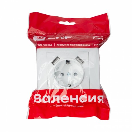 Валенсия розетка 1-местная с/з 16А белая с защ. штор. с 2 USB 2,1А EKF PROxima EWR16-028-10-2USB