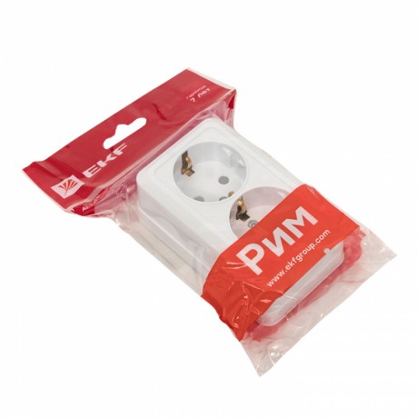 Рим Розетка 2-местная 16А с заземлением белая с защ. штор. EKF ENR16-128-100