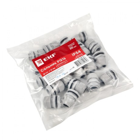 Сальник PG16 IP54 (20 шт) d отв. 21 мм / d провод. 10-14 мм EKF PROxima plc-pg-16-r