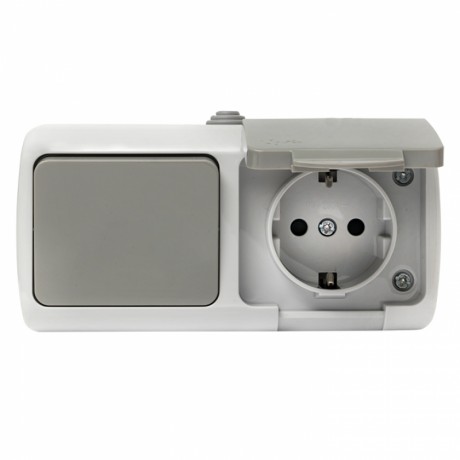 Мурманск Блок розетка 1-м 16А с заземлением с крышкой+ 1-кл выключатель IP54 серый EKF EFRV16-050-30-540
