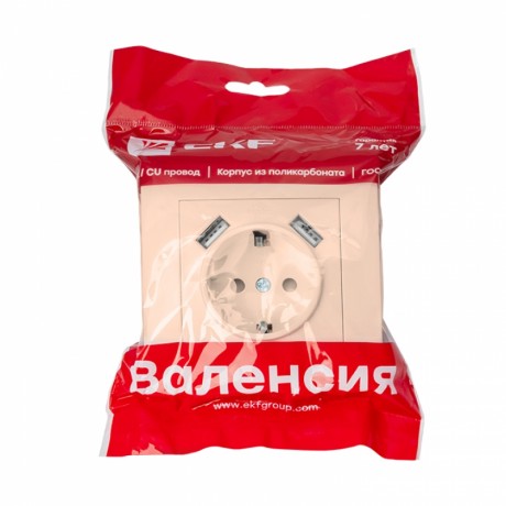 Валенсия розетка 1-местная с/з 16А кремовая с защ. штор. с 2 USB 2,1А EKF PROxima EWR16-028-20-2USB