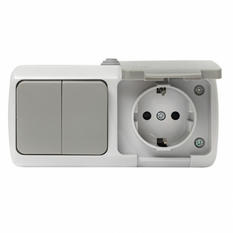 Мурманск Блок розетка 1-м 16А с заземлением с крышкой + 2-кл выключатель IP54 серый EKF EFRV16-052-30-540