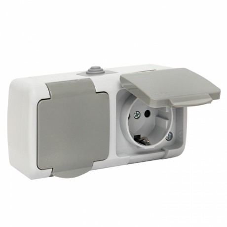 Мурманск Розетка 2-местная 16А с заземлением с крышкой IP54 серый с защитными шторками EKF EFR16-129-30-54