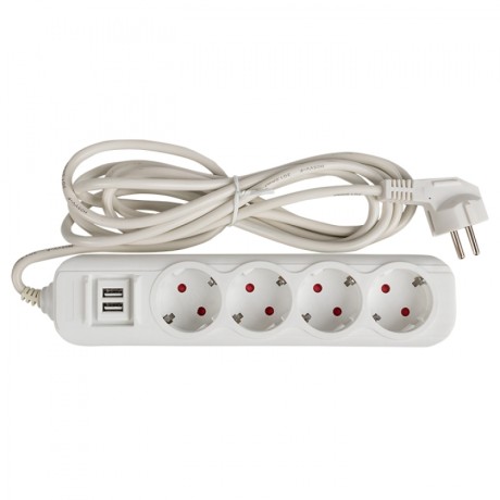 Удлинитель Эксперт 4 гнезда 2 метра 16А/3,5кВт с 2 USB 2,1А ПВС 3х1 EKF UBA16-2USB-4-02i