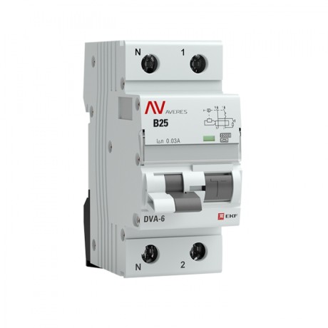 Дифференциальный автомат DVA-6 1P+N 25А (B) 30мА (A) 6кА EKF AVERES rcbo6-1pn-25B-30-a-av
